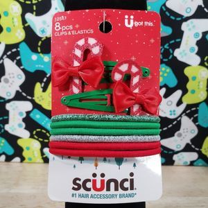 Scunci 8 Piece Candy Cane Clips and Elastics Christmas Holiday Accessories New